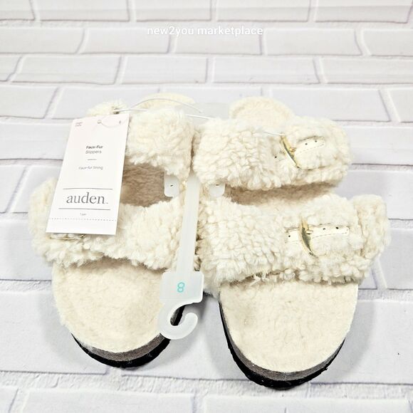 New Womens Auden Faux Fur Tan Open Toe Slippers Size 8 Color cream warm sandal - Picture 1 of 10